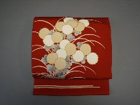 染めの名古屋帯 朱茶地 饅頭菊