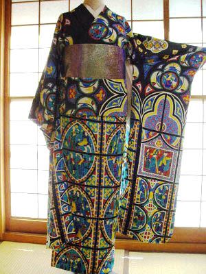 A long-sleeved Kimono dress with stained glass motif