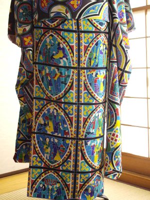 A long-sleeved Kimono dress with stained glass motif