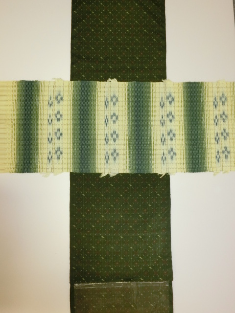 伝統工芸品沖縄花織の手織り着物緑 と久米島綾織手織り名古屋帯 – Ito