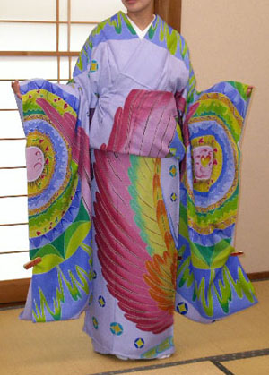 Yuzenf (hand-painted) Kimono dress with a magnificent angel motif