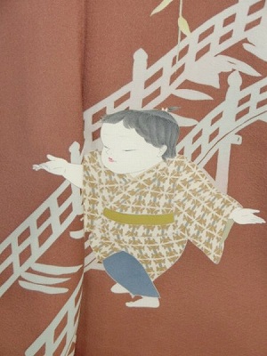 Highest quality Kaga Yuzen visiting wear made by Toku Yusui, 2nd generation, 5 children crossing the bridge