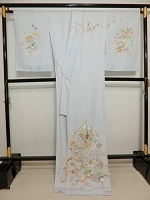 Homongi, Tokyo Yuzen flower pattern, light blue-gray fabric