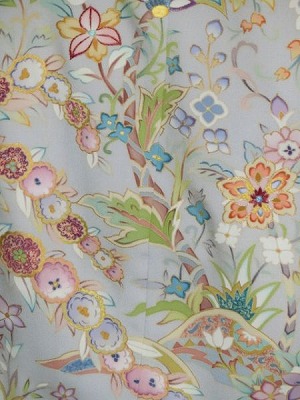 Homongi, Tokyo Yuzen flower pattern, light blue-gray fabric
