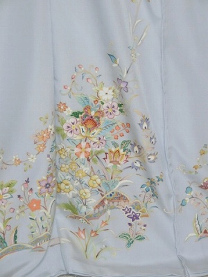 Homongi, Tokyo Yuzen flower pattern, light blue-gray fabric