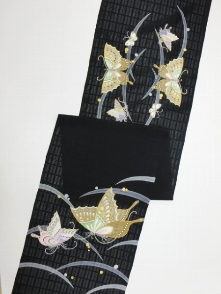 美品 開き名古屋帯 オフホワイト アゲハ蝶 藍染め 長さ3m53cm 綿 美品 開き名古屋帯 オフホワイト アゲハ蝶 藍染め 長さ3m53cm 綿